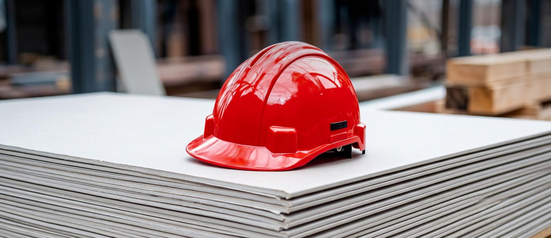 Roter Bauhelm auf einem Stapel Gipskartonplatten