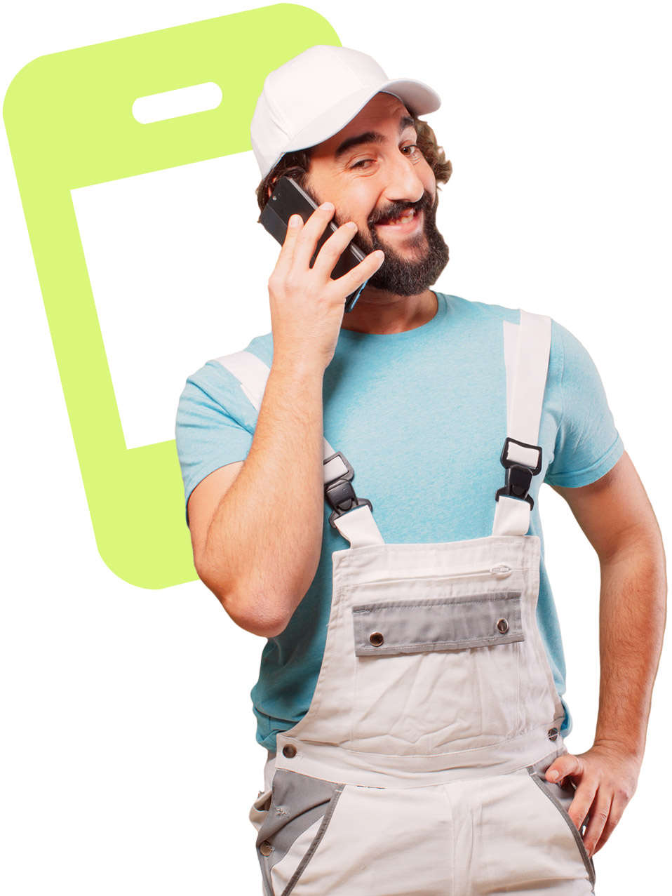 Handwerker im Blaumann telefoniert mit dem Smartphone