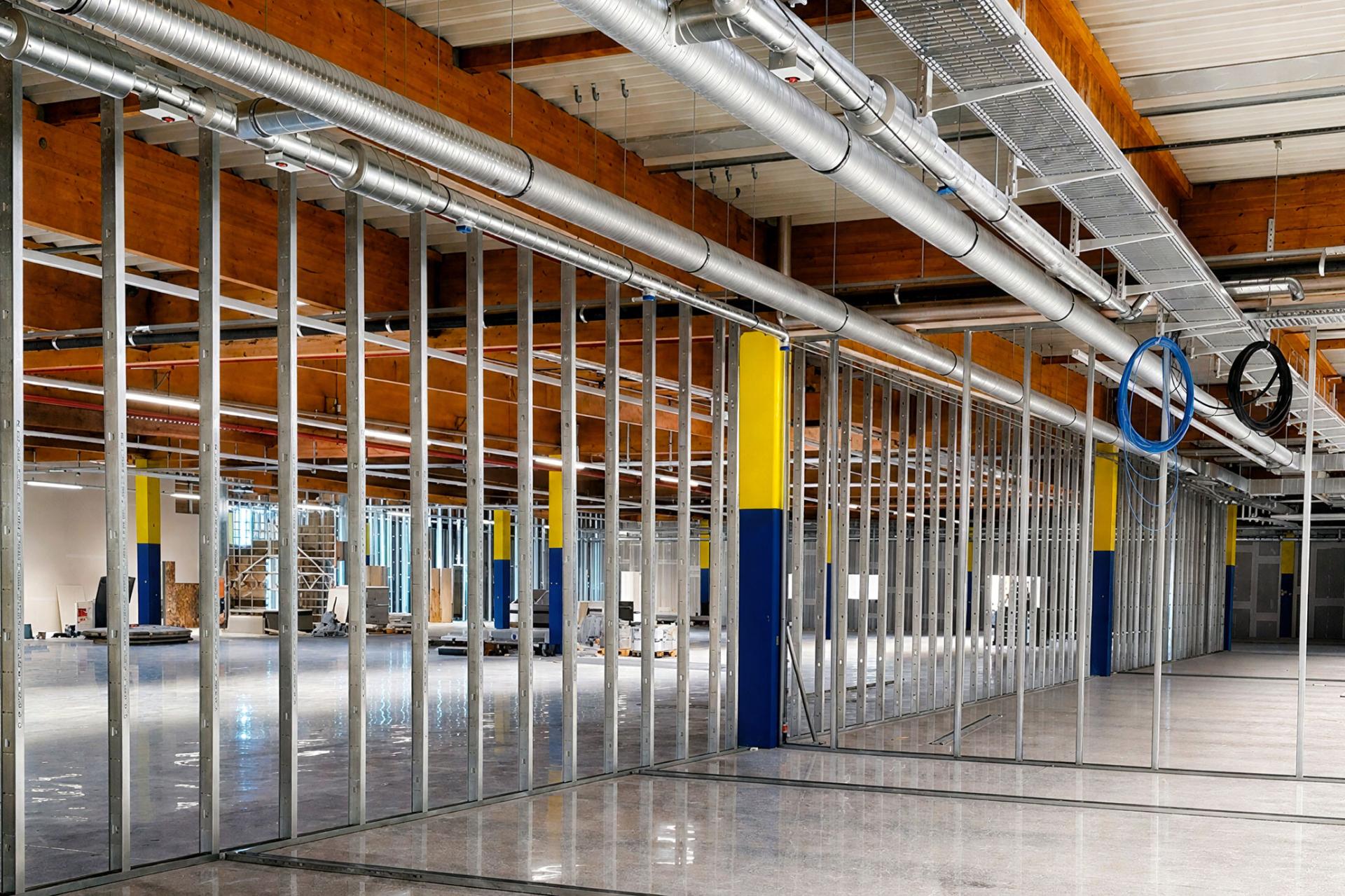 Metallständerwerk für Trockenbauwände in einem Großraumbüro im Rohbau